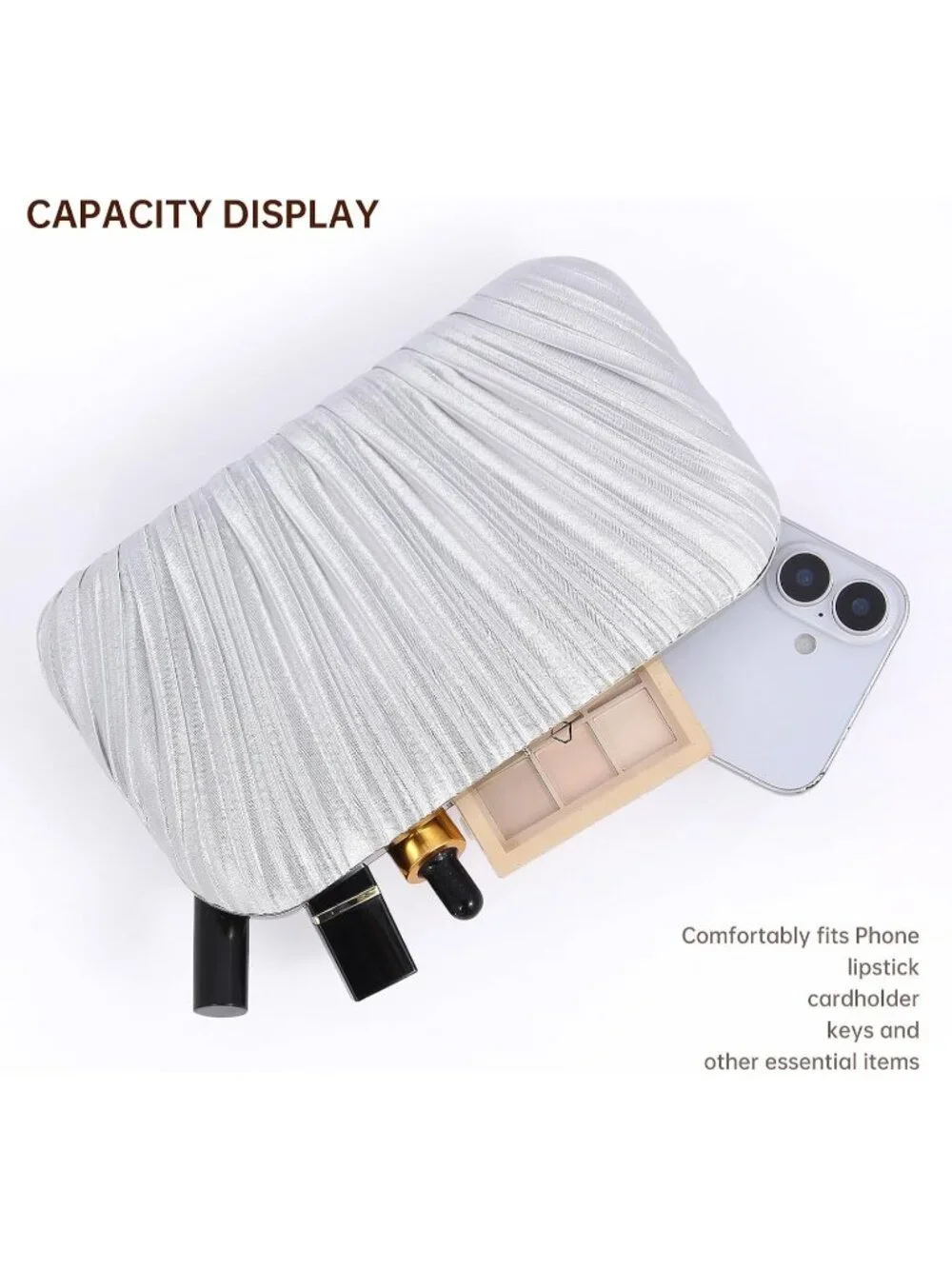 Women's Silver Pleated Clutch Purse For Formal With Chain Evening Bag